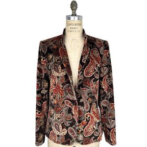 Talbots Blazer Womens 10 Brown Paisley Cotton Silk Velvet 1-Button Lined Fall